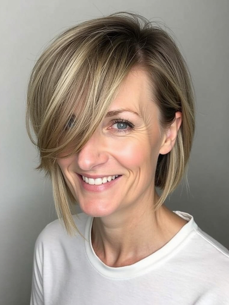 Hairstyles For Thin Fine Hair Over 60: Side-Parted Bob With Lifted Roots