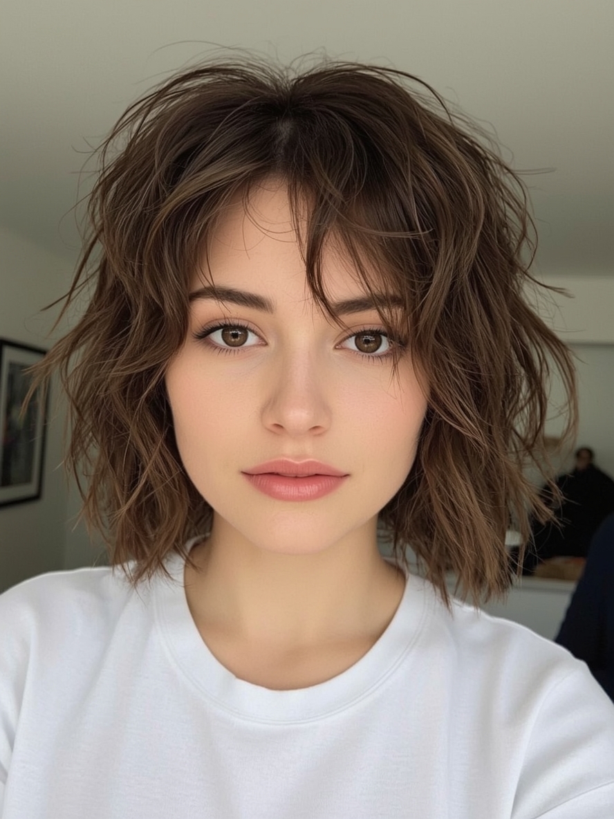 Short Messy Haircuts For Women: Bedhead Waves with Center Part