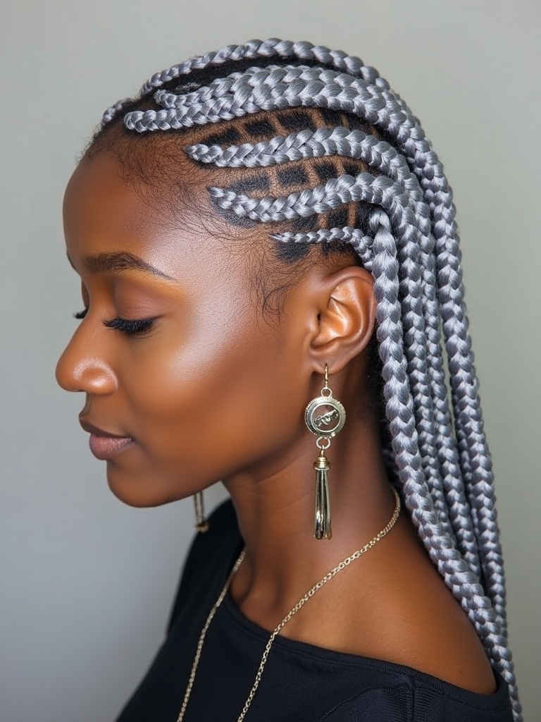 Silver Cornrows with Design on Dark Skin