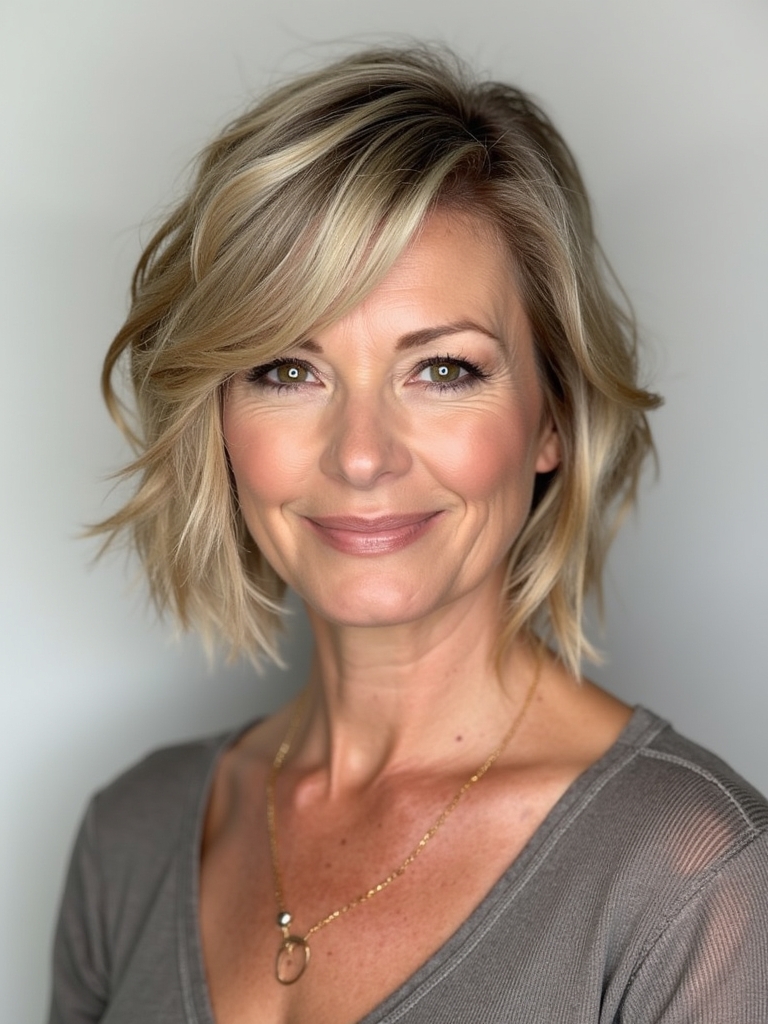 Hairstyles For Thin Hair Fine Over 50: Bob with Feathered Layers