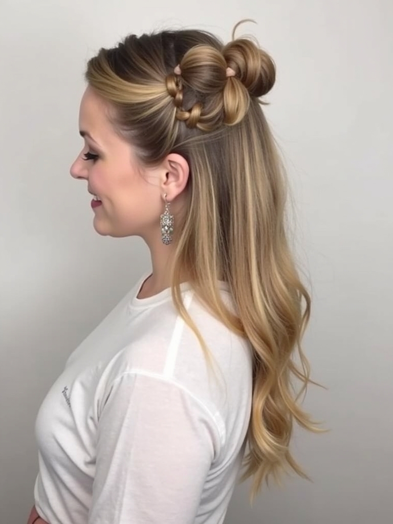 Cute Easy Hairstyle: Half-Up Half-Down Space Buns