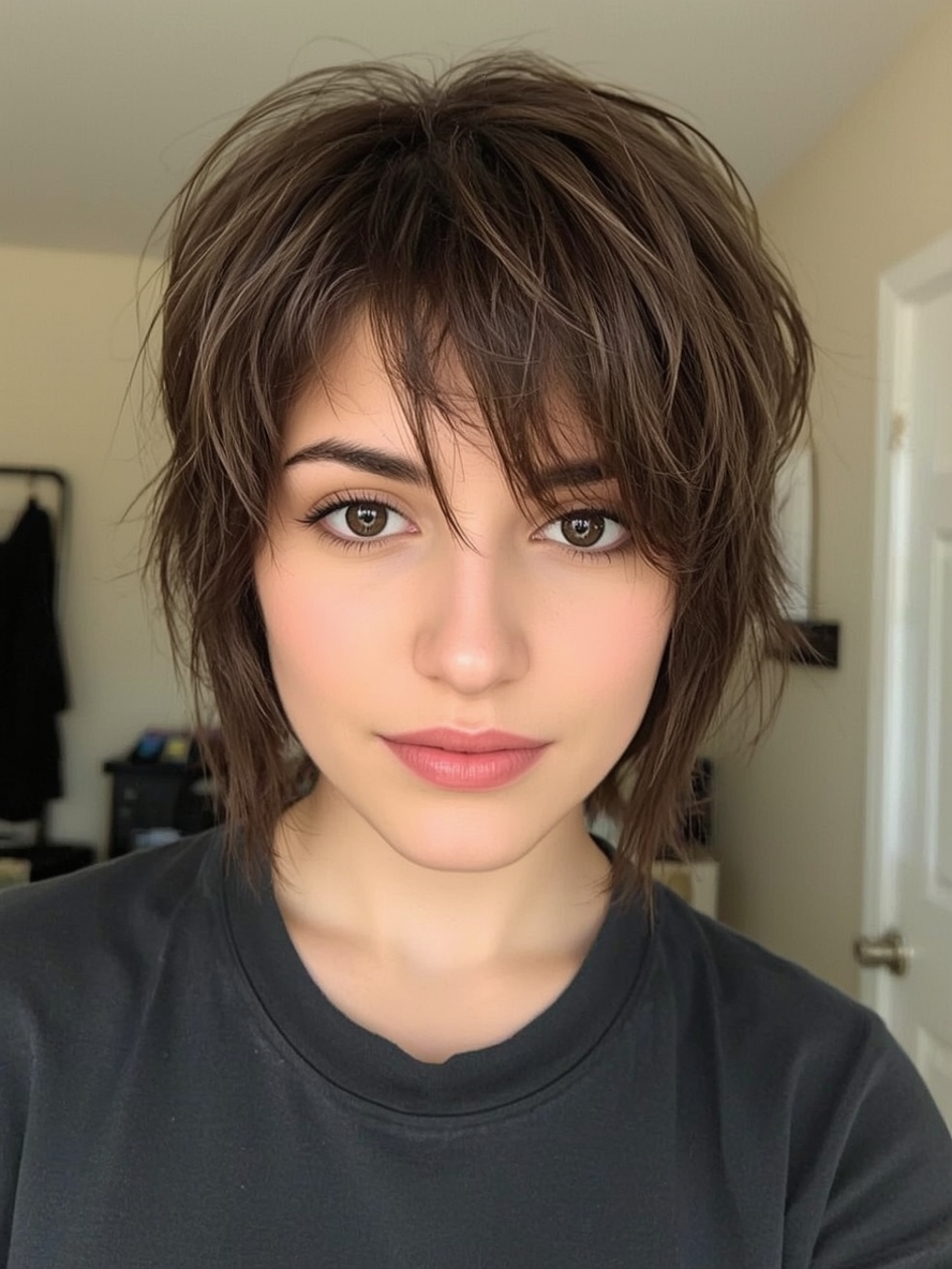 Short Messy Haircuts For Women: Layered Pixie with Piecey Bangs