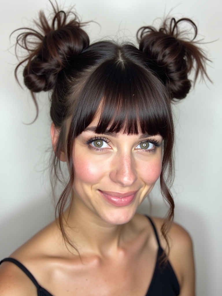 Face Framing Curtain Bangs with Space Buns
