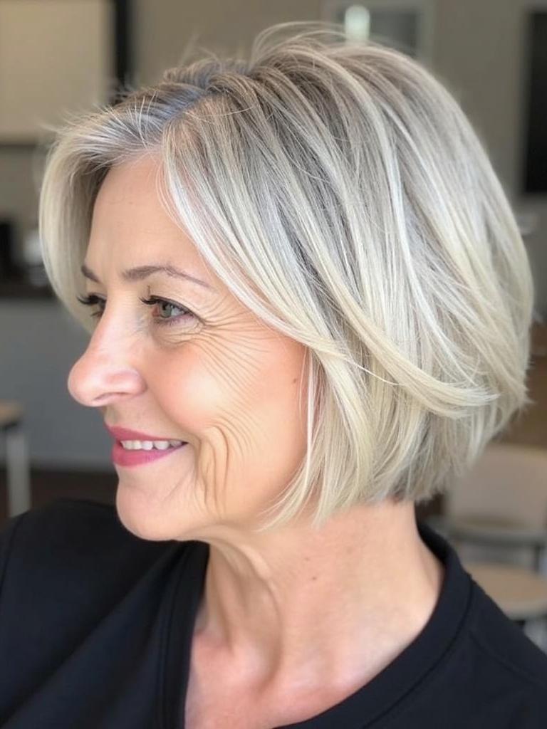 Hairstyles For Thin Fine Hair Over 60: Angled Bob with Highlights