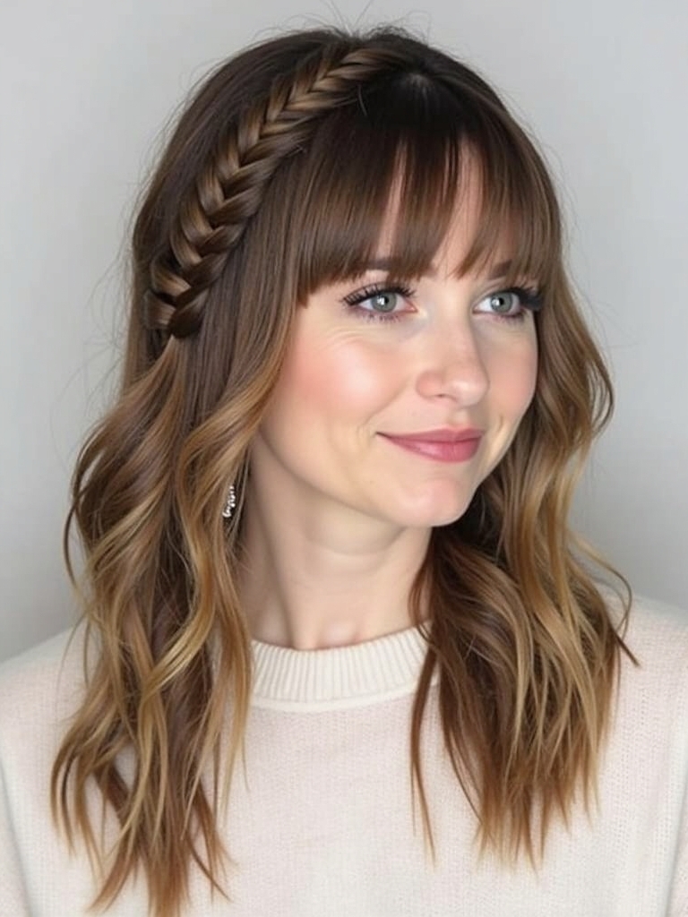 Face Framing Curtain Bangs with a Side Braid