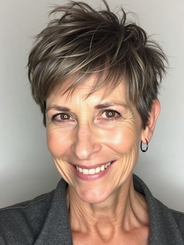 Hairstyles For Thin Hair Fine Over 50: Texturized Pixie with Highlights