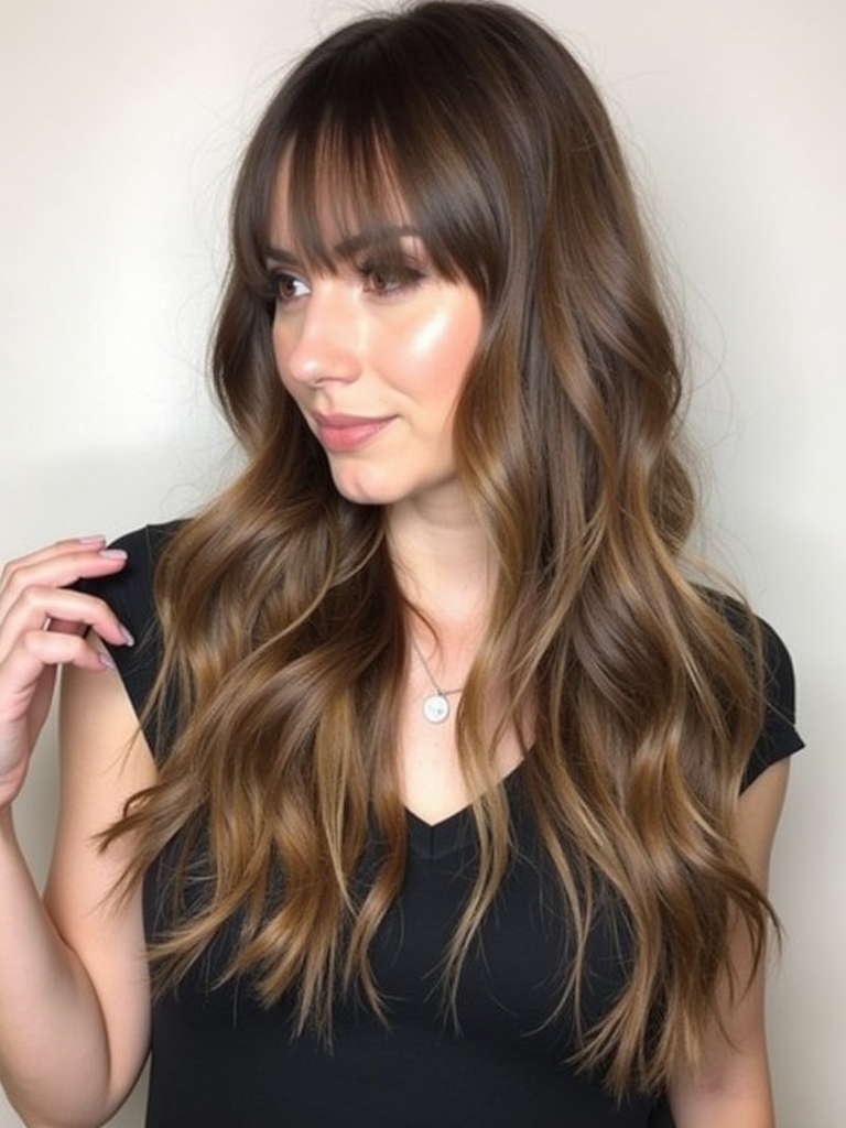 Long Haircut Ideas: Long Layered Hair Side Swept Bangs
