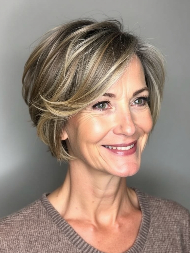 Hairstyles For Thin Hair Fine Over 50: Chin Length Layered Bob with Balayage