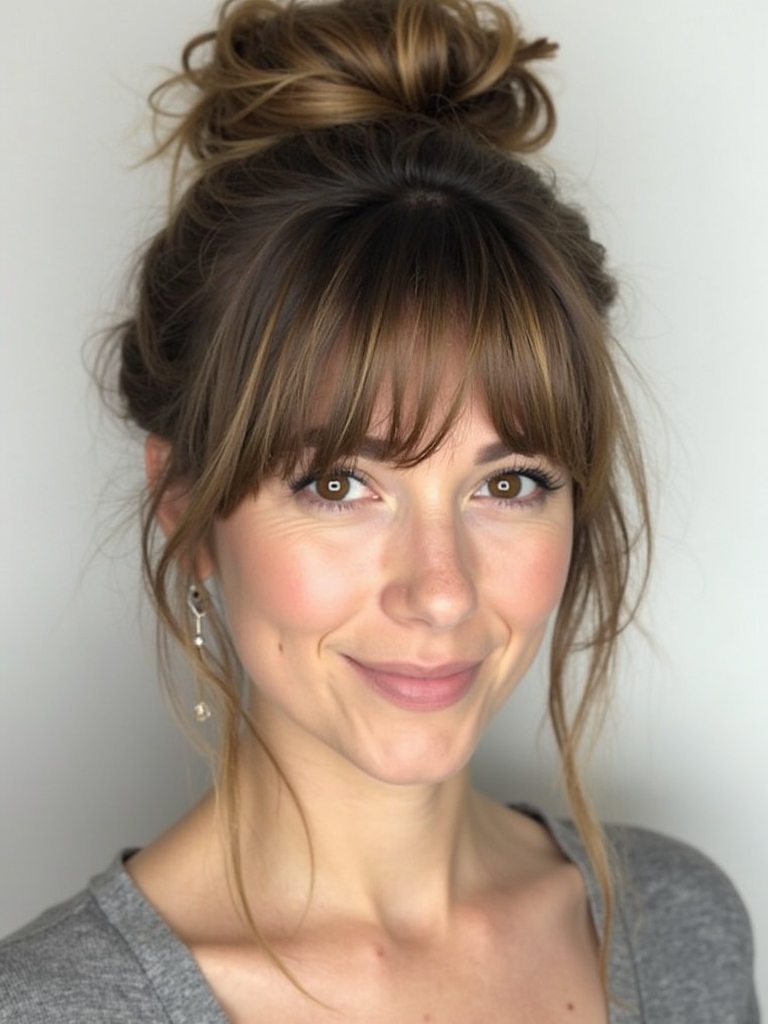 Face Framing Curtain Bangs with a Messy Bun