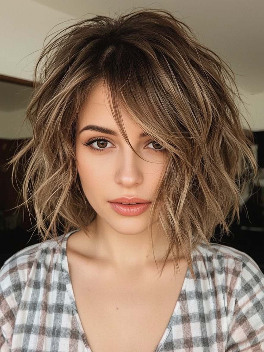 Short Messy Haircuts For Women: Voluminous Waves with a Deep Side Part