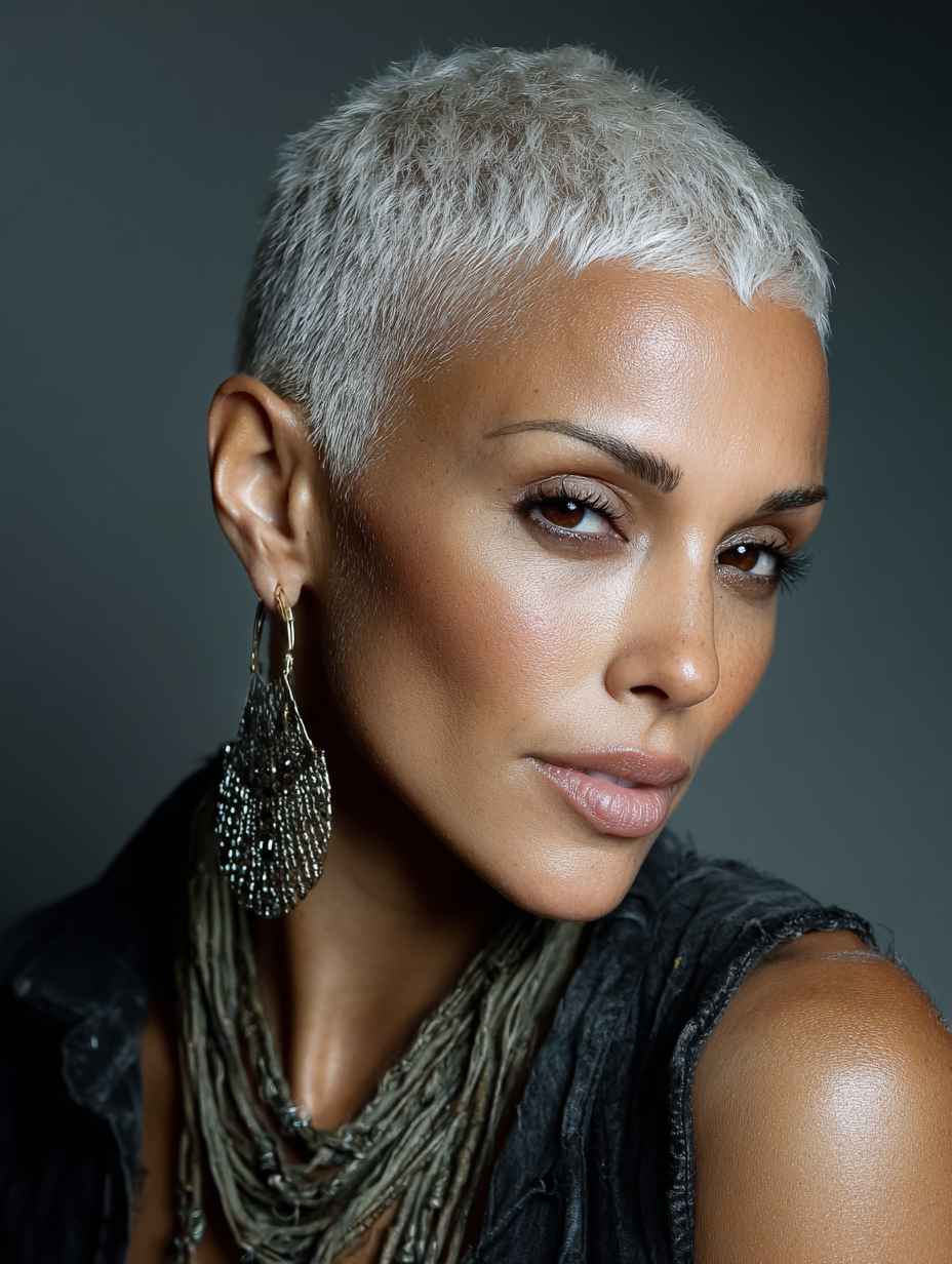 Bald Fade Women Black Short Hair with Platinum Blonde Color