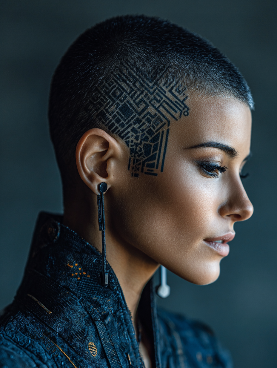 Bald Fade Women Black Short Hair with Geometric Designs