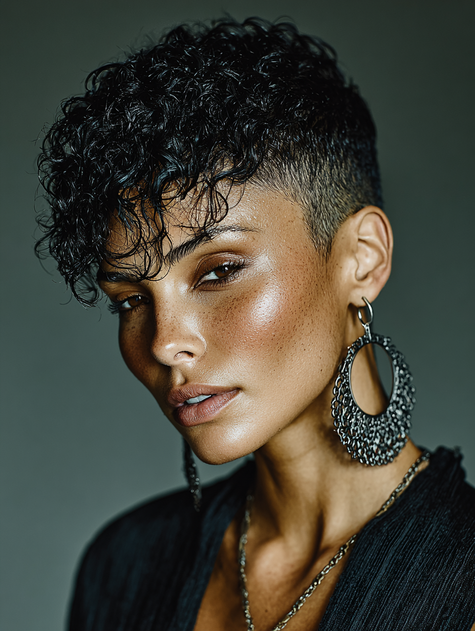 Bald Fade Women Black Short Hair with Textured Top