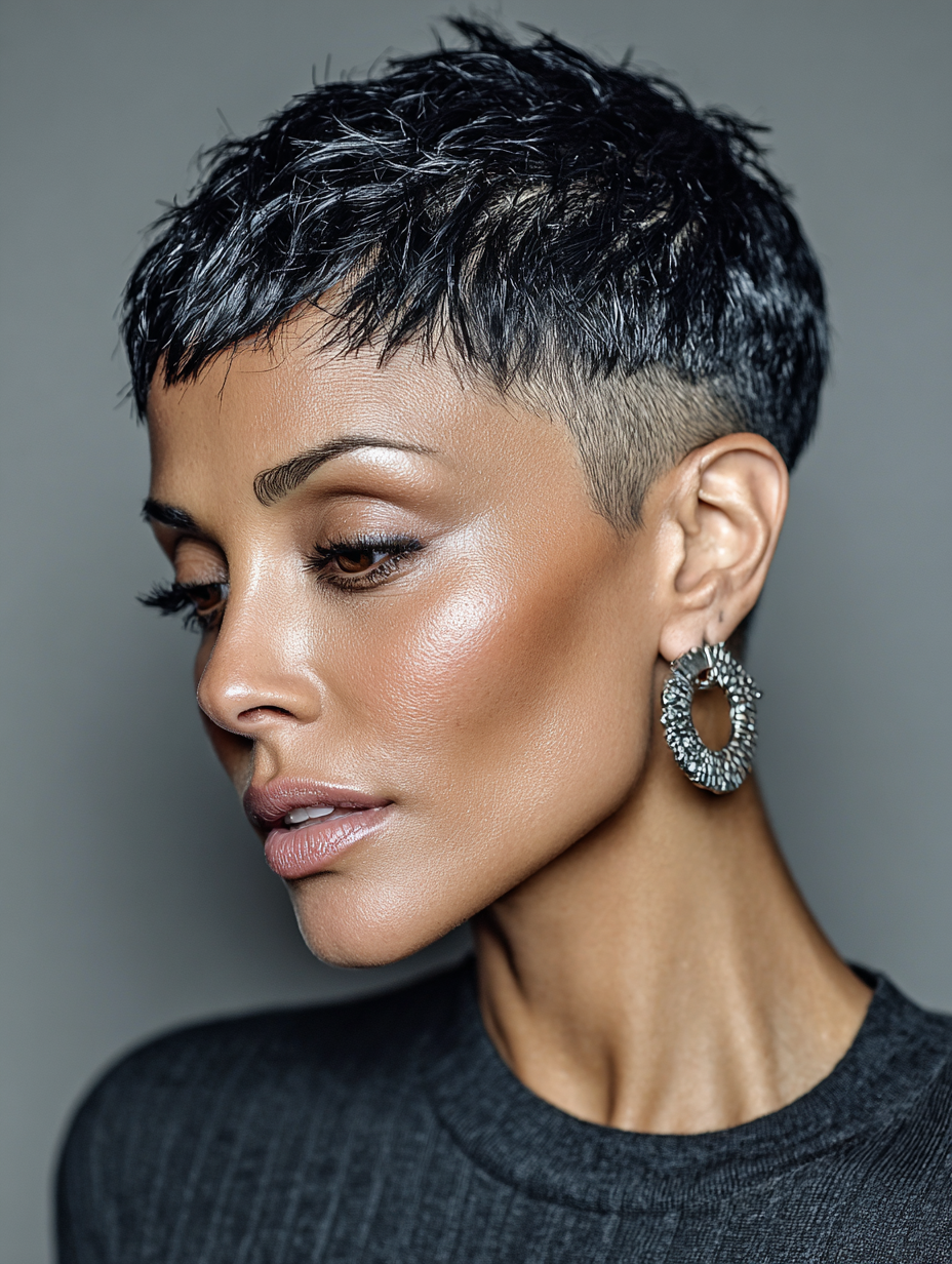 Bald Fade Women Black Short Hair with Deep Side Part
