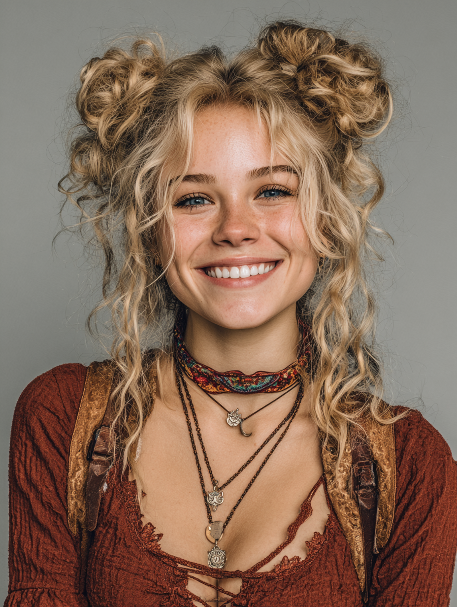 Braids In Front Curly Hair In Back: Braided Space Buns with Loose Curls