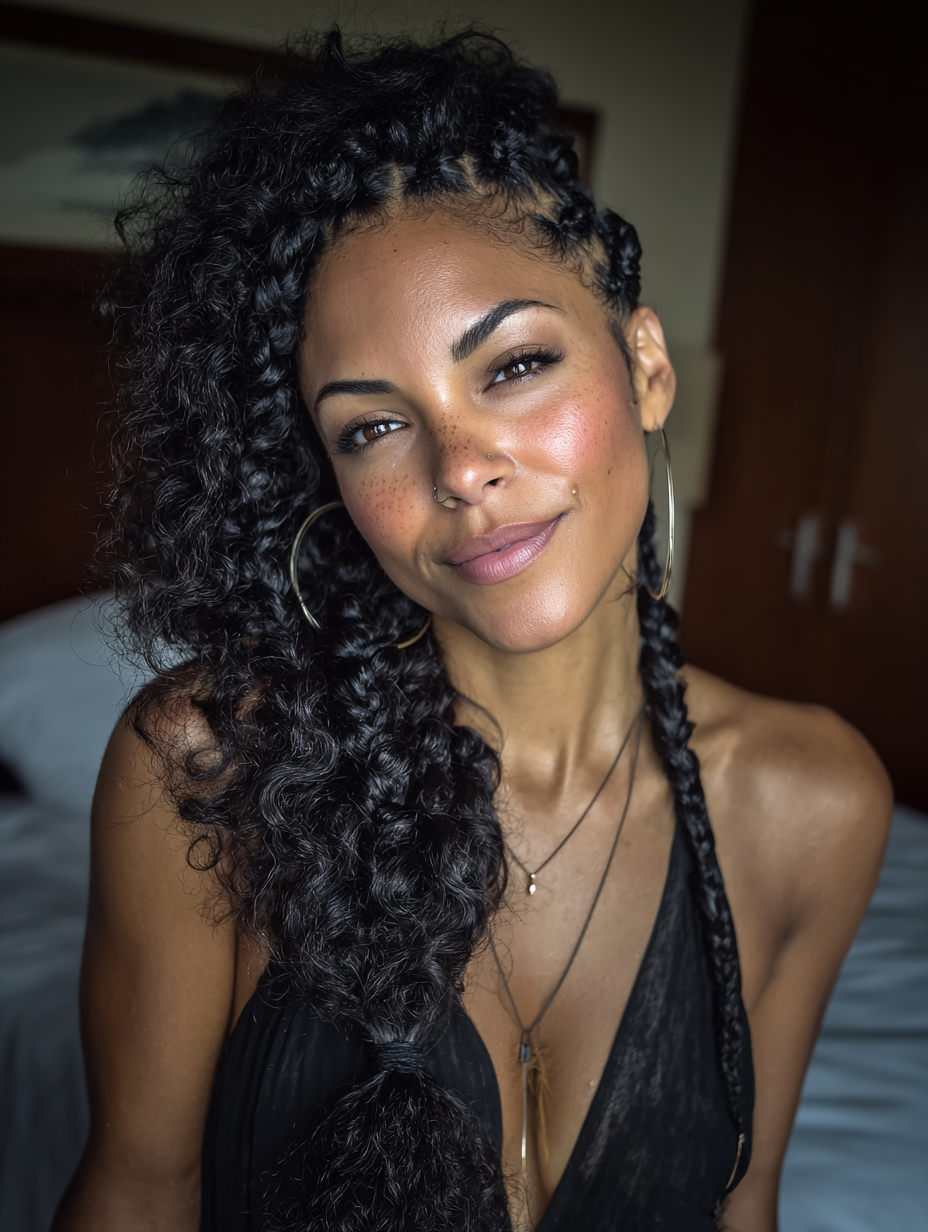 Braids In Front Curly Hair In Back: Zig-Zag Braids with Curly Ends