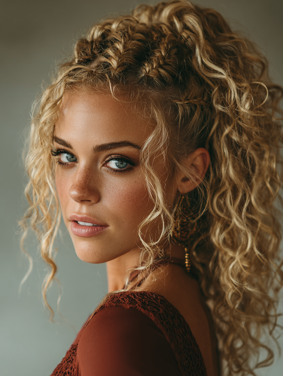 Braids In Front Curly Hair In Back: High Braided Ponytail with Curls