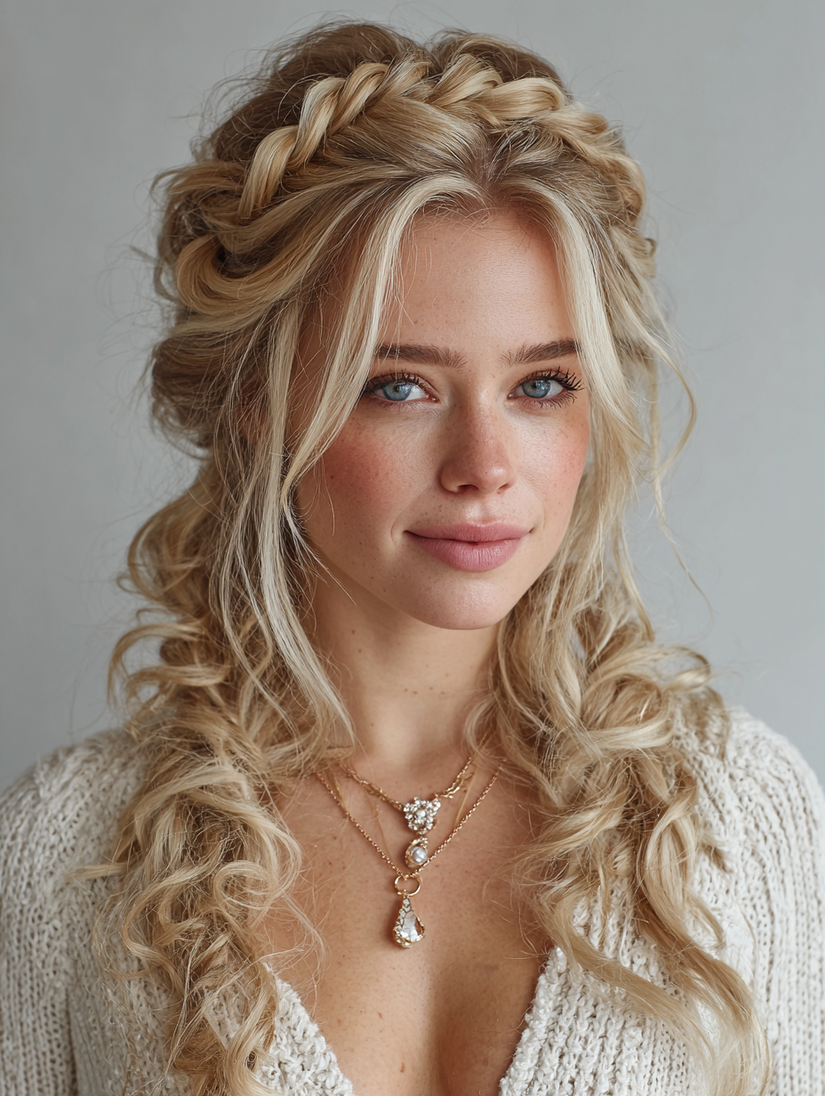 Braids In Front Curly Hair In Back: Braided Part with Curly Volume