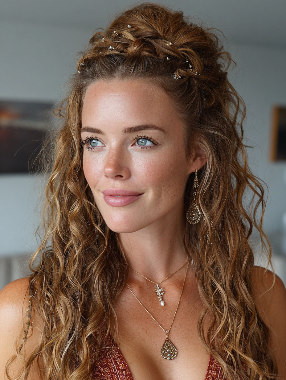 Braids In Front Curly Hair In Back: Half Up Half Down Braided Top Knot with Curls