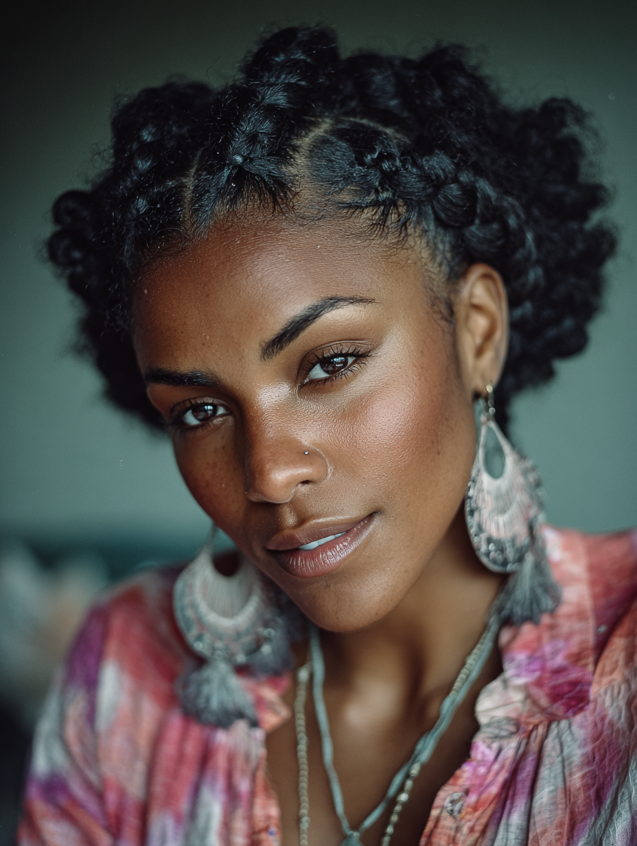 Braids In Front Curly Hair In Back: Cornrowed Bangs with Curly Afro