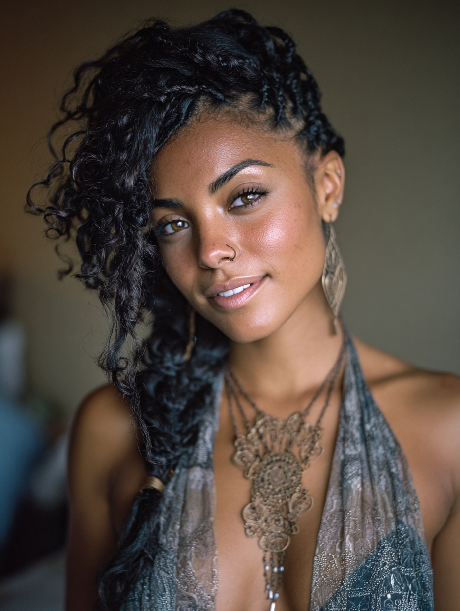 Braids In Front Curly Hair In Back: Asymmetrical Braids with Curly Side Sweep