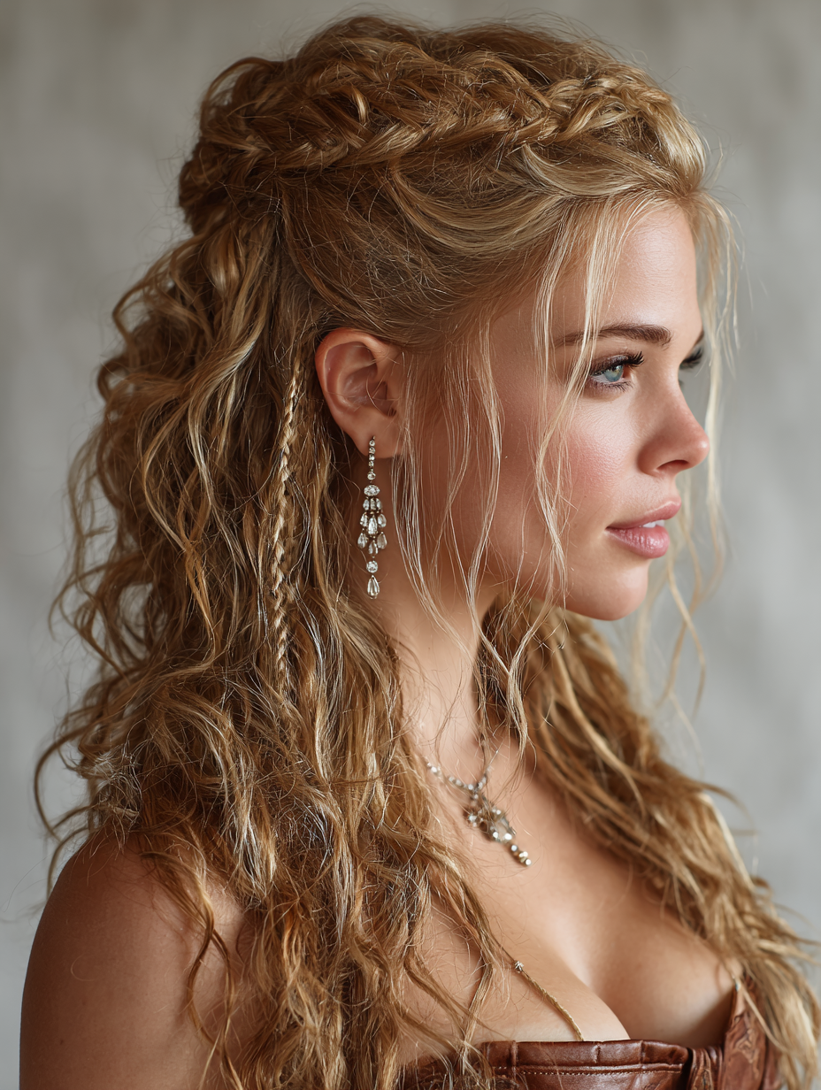 Braids In Front Curly Hair In Back: Ladder Braids with Curly Waterfall