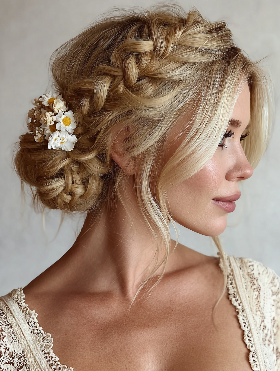 Summer Updos For Long Hair: Braided Bun with Flowers