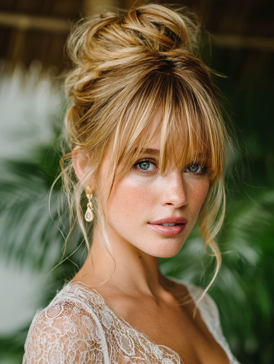 Summer Updos For Long Hair: Top Knot with Bangs